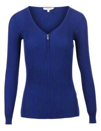 Pull col V zippé en maille côtelée | Bleu