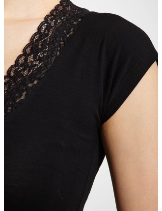 Tee-shirt col V en dentelle | Noir