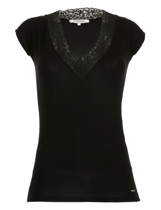 Tee-shirt col V en dentelle | Noir