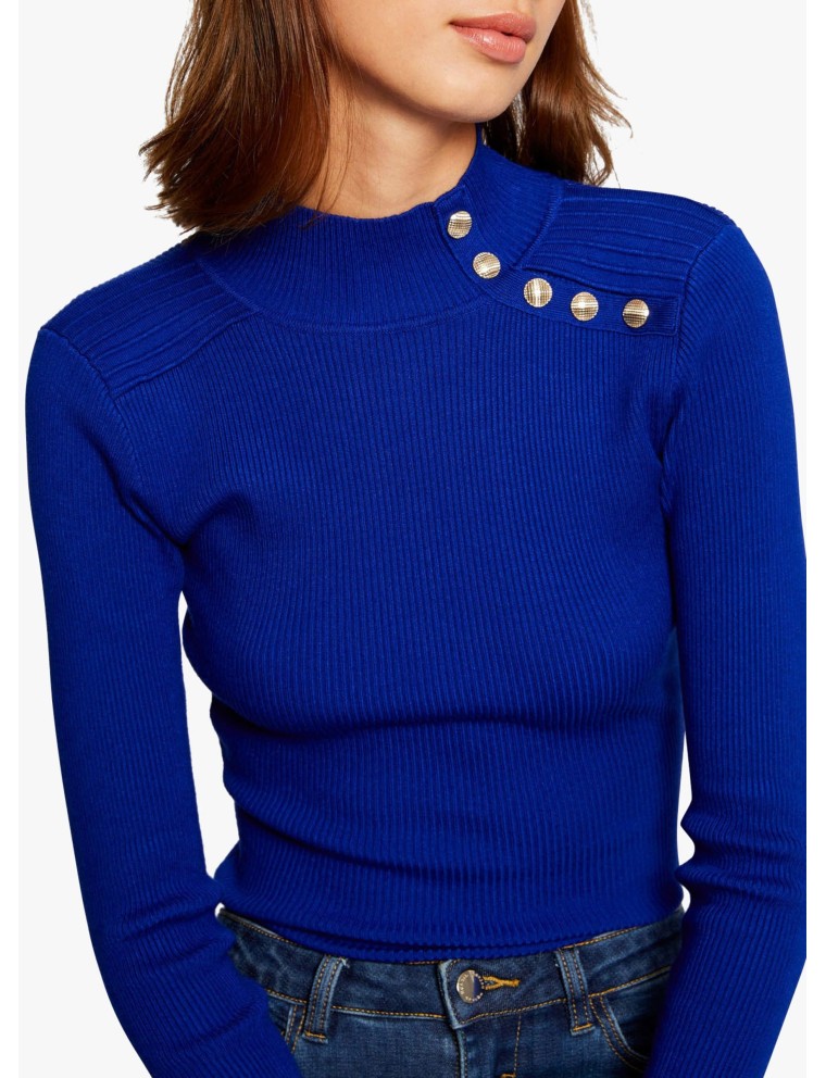 Pull col montant en maille mélangée | Bleu