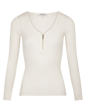 Pull col V zippé en maille côtelée | Blanc