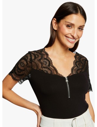 DEDE - Tee shirt manches courtes dentelle | Noir