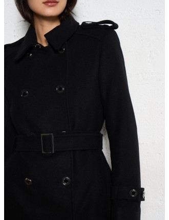 GETINA1 - Manteau long droit ceinturé | Noir